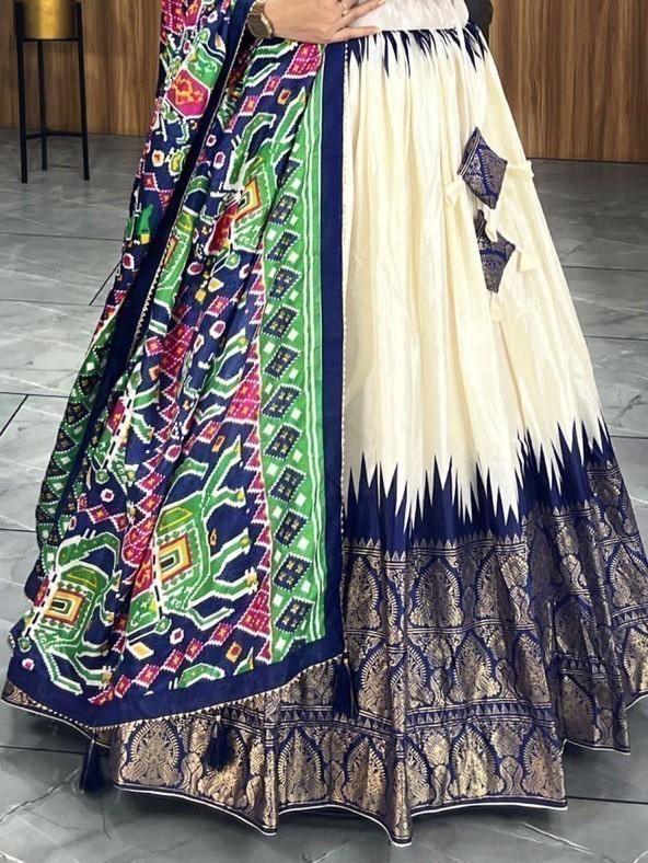 Off-White Navy Blue Lehenga | Patola & Paithni Print Lehenga Choli