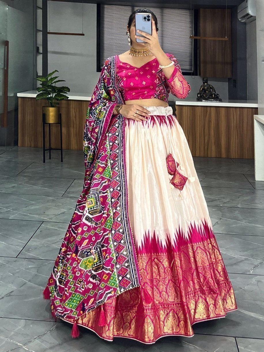 Designer Off-White & Pink Lehenga | Patola & Paithni Print with Dupatta