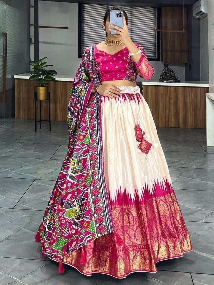 Designer Off-White & Pink Lehenga | Patola & Paithni Print with Dupatta