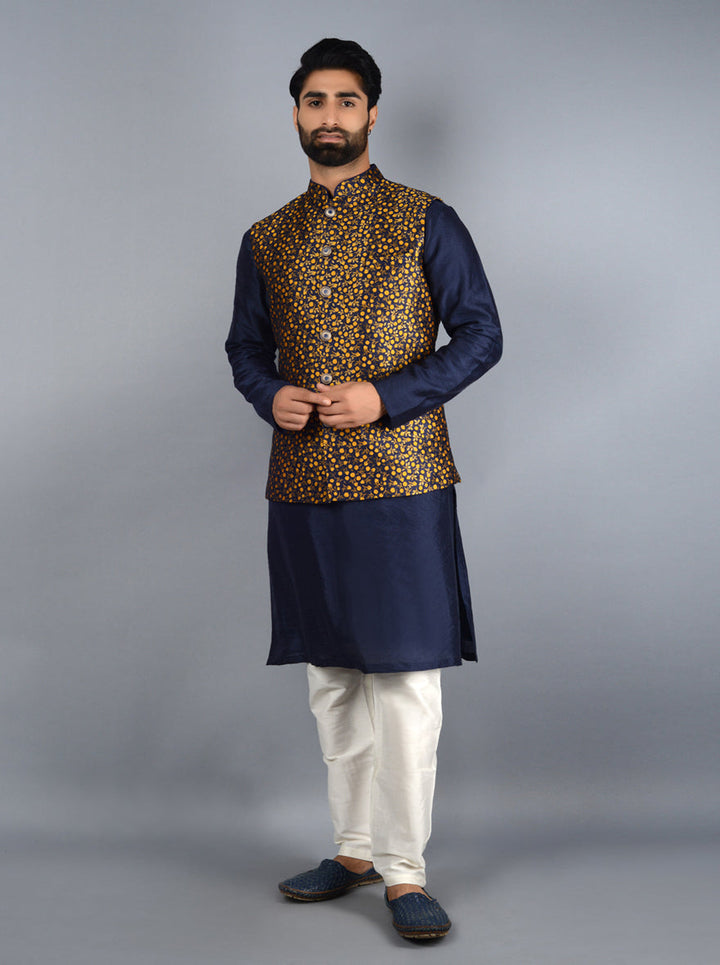 Vibrant blue and yellow Bandhgala jacket featuring a bold self-design pattern, ideal for festive occasions.