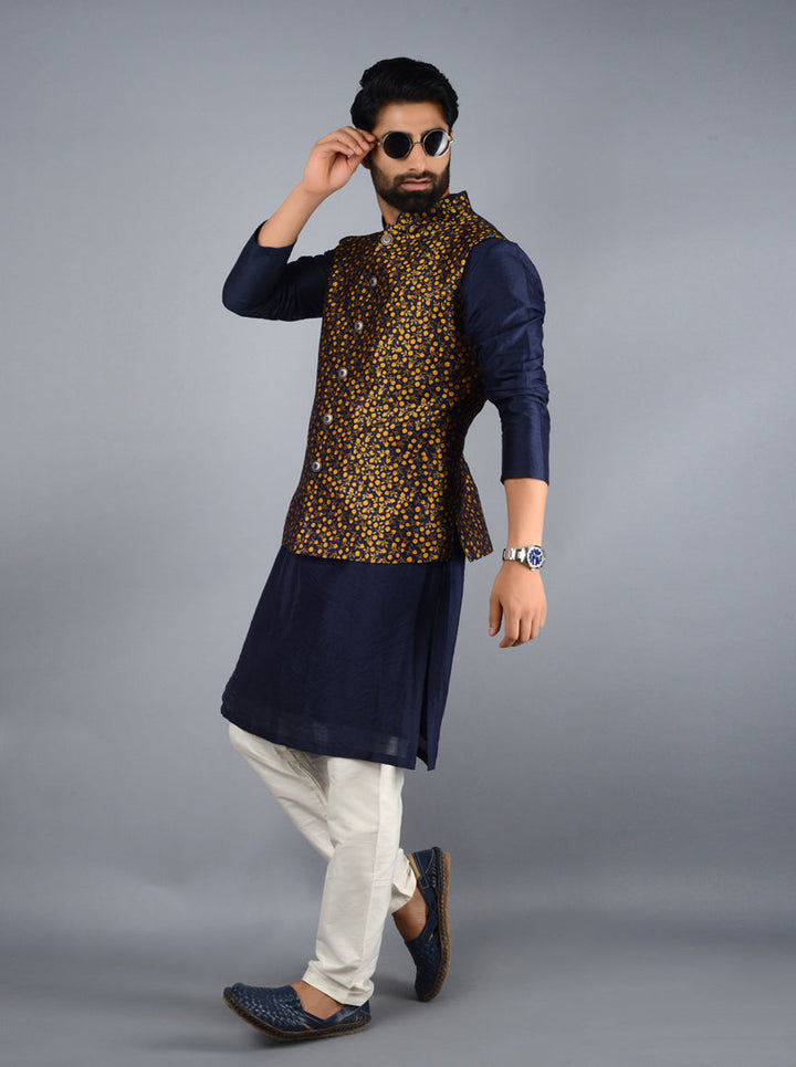 Eye-catching blue and yellow Bandhgala jacket, crafted with a unique self-design for memorable gatherings.