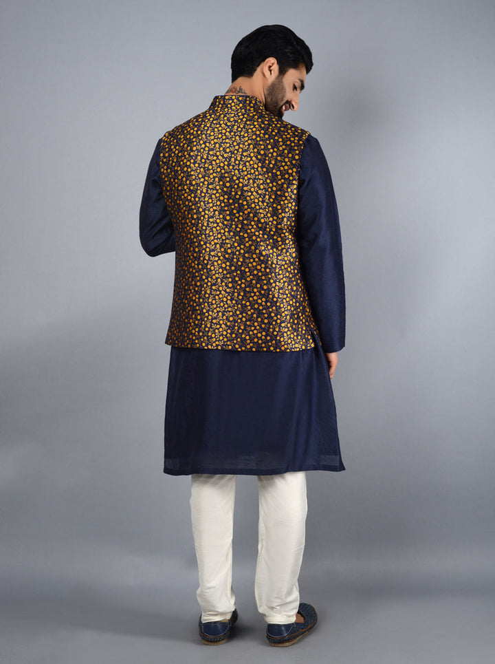 Stylish blue and yellow Bandhgala jacket, showcasing a rich color palette and striking design for special events.