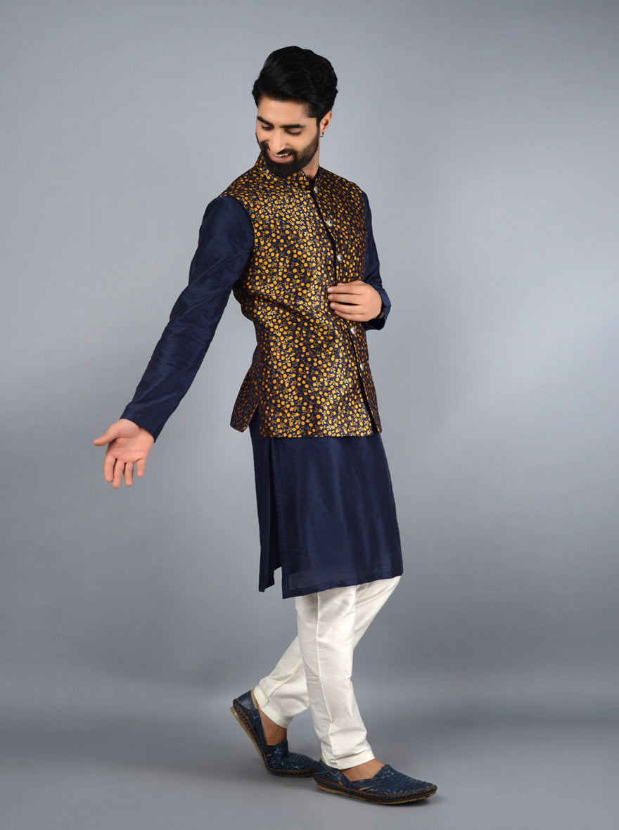 Bold blue and yellow Bandhgala jacket with an impressive self-design pattern, perfect for making a statement.