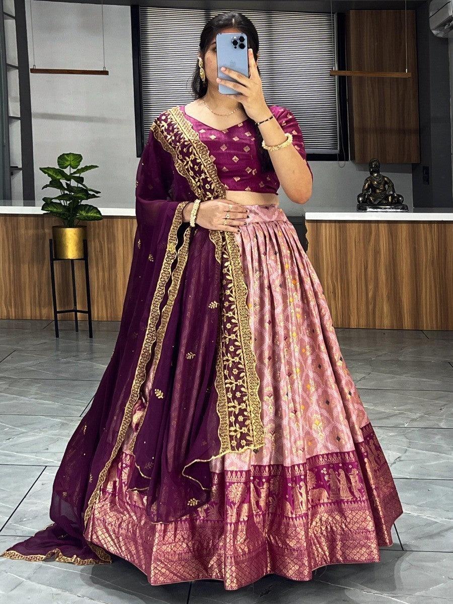 Fashionable Peach Dolla Silk Lehenga Choli | Stunning Foil & Stonework