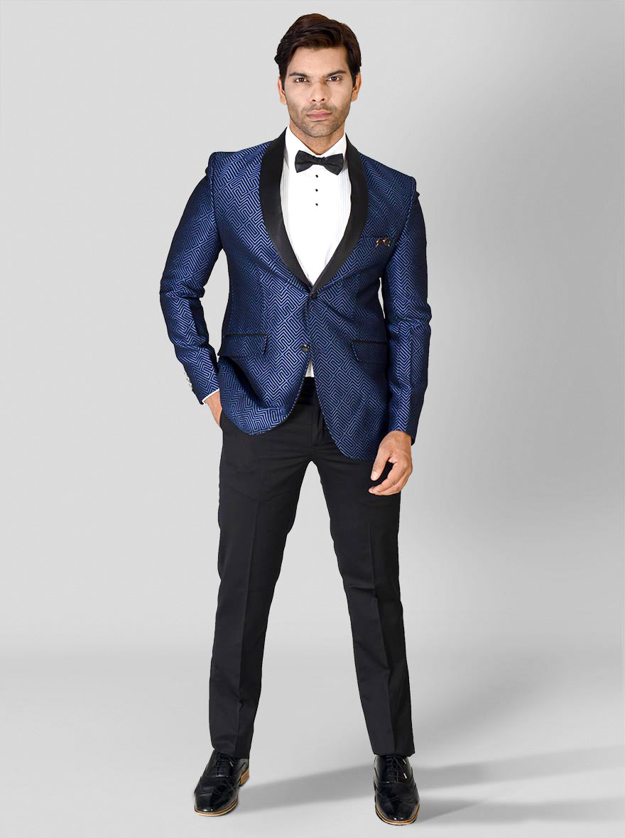 Stylish blue and black tuxedo designed for men, ideal for weddings and upscale occasions with a classic formal look.