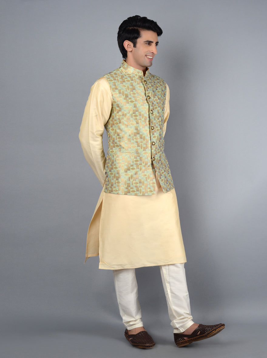 Chic golden pista Bandhgala jacket, combining elegance and style for special events and festive occasions.