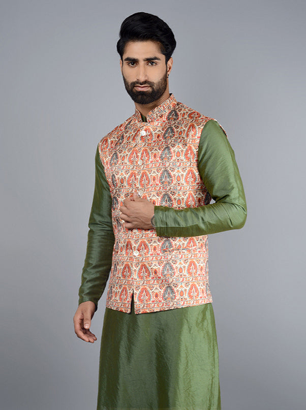 Achieve a modern yet traditional look with this multi-color bandhgala jacket, featuring a striking printed design and pockets, ideal for festive events.