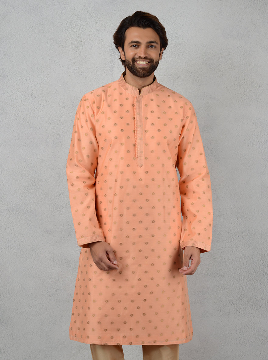 This elegant Peach Silk Jacquard Kurta Set merges royal comfort with style, ideal for festive occasions.