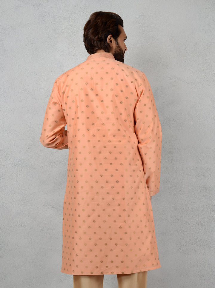 Step into elegance with this Peach Silk Jacquard Kurta Set, perfect for pooja ceremonies and traditional gatherings.