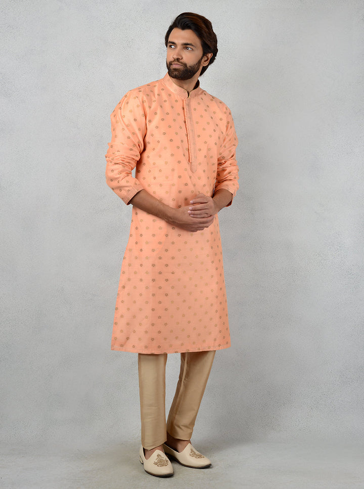 Shine at festive events in this beautifully crafted Peach Silk Jacquard Kurta Set, designed for modern men.