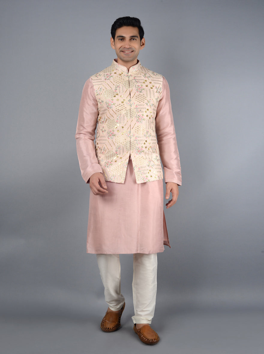 Chic onion pink Bandhgala jacket, made from silk blend, designed for festive occasions with intricate detailing.