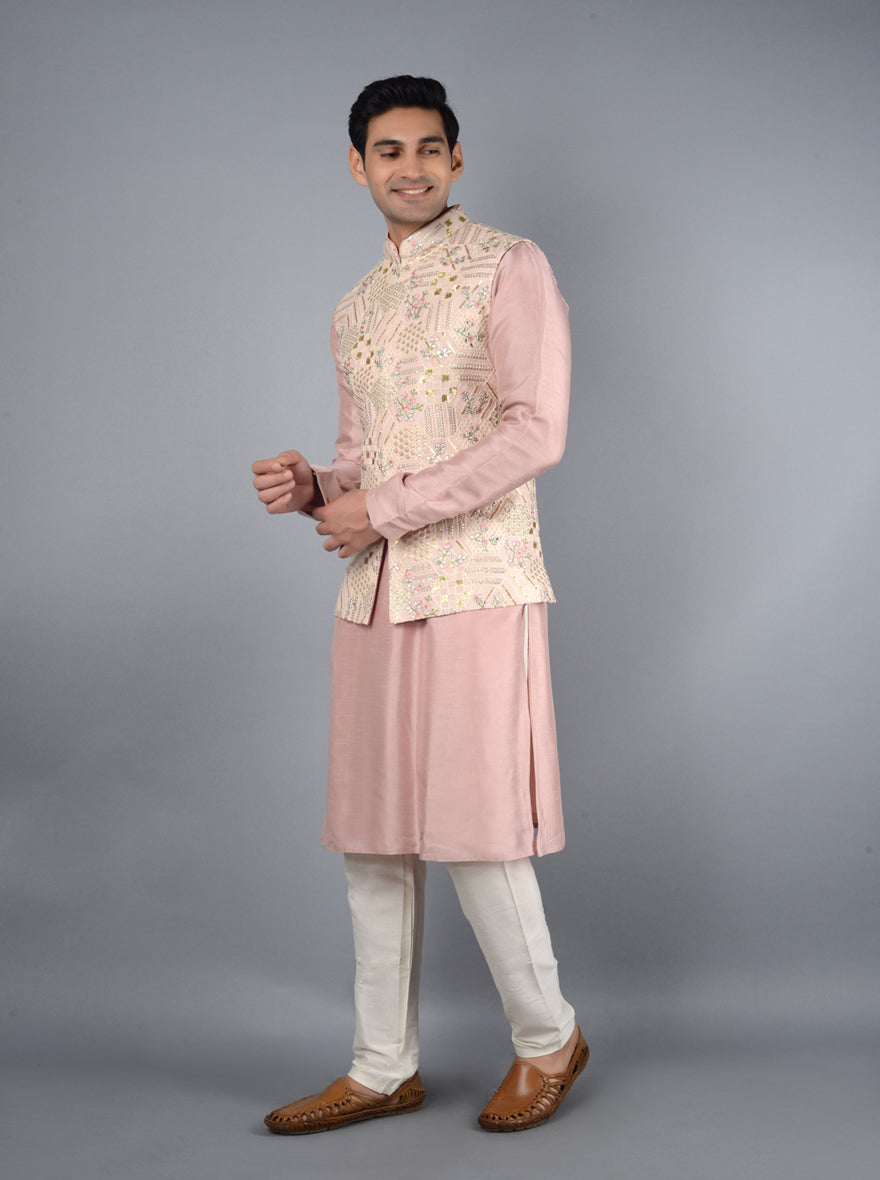 Stunning onion pink Bandhgala jacket that combines luxury and style for formal and festive events.