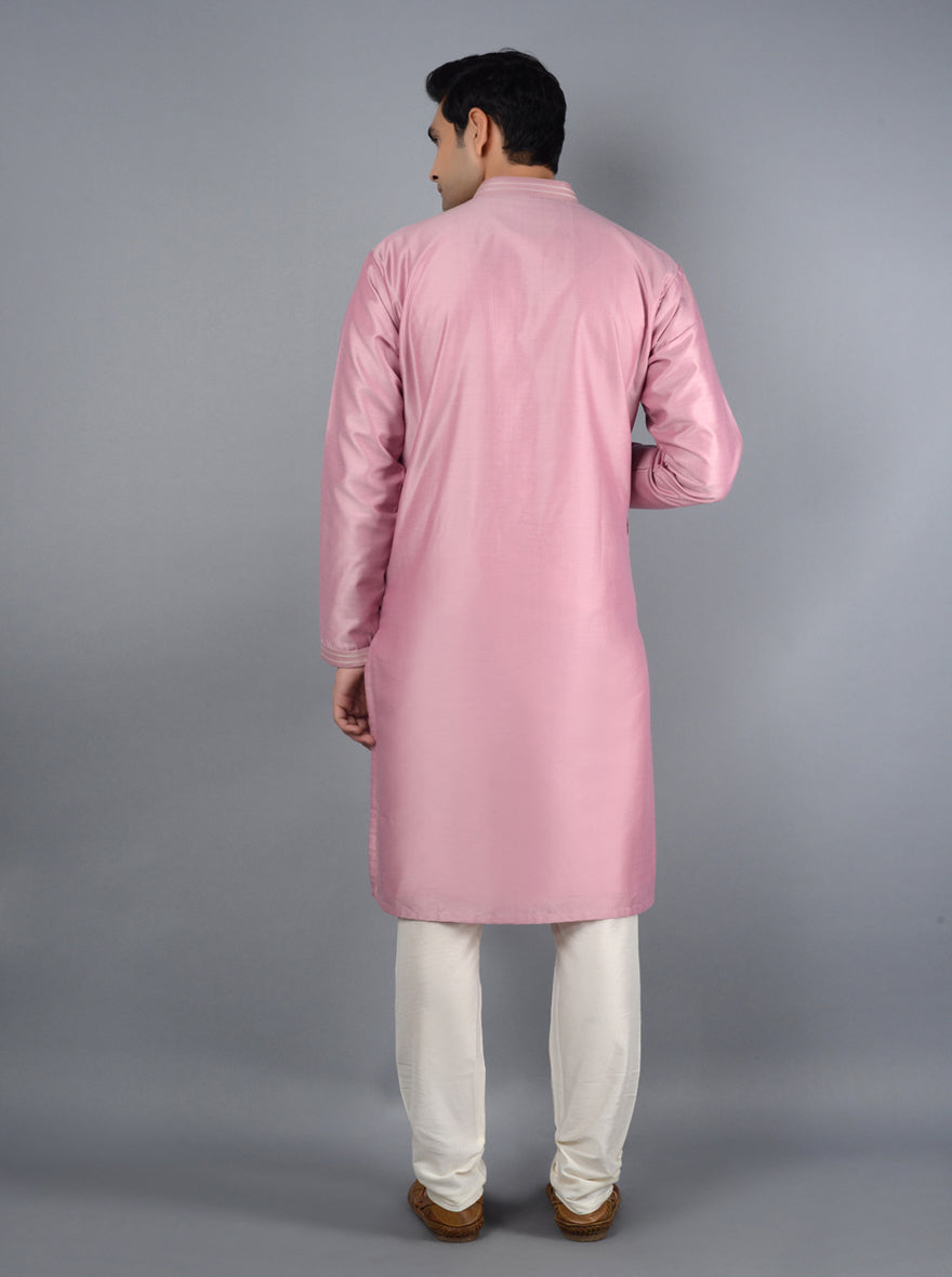 Luxurious onion pink kurta set designed for festive celebrations in the USA, showcasing a perfect blend of comfort and style.