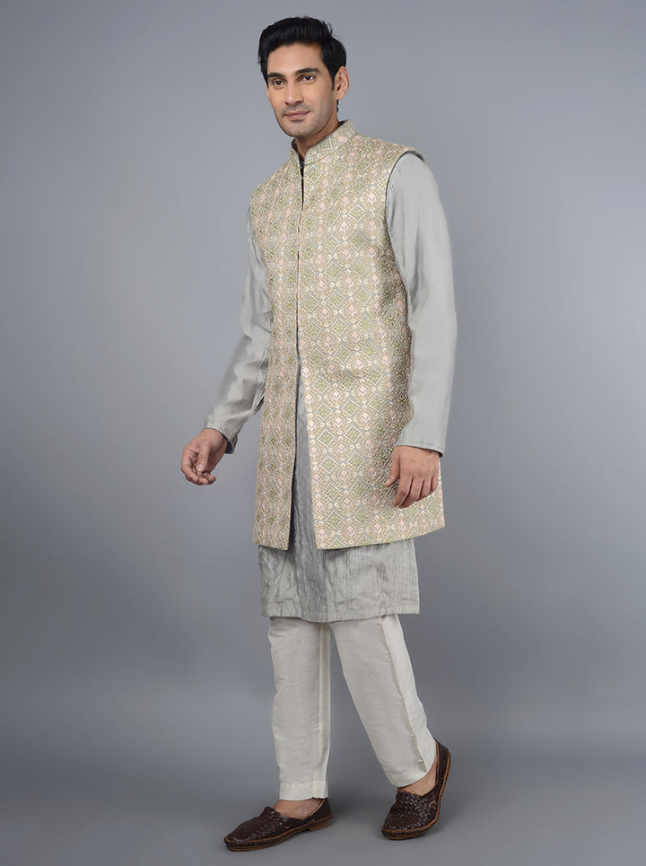 Unique grey silk blend kurta set designed for modern men's fashion in the USA.