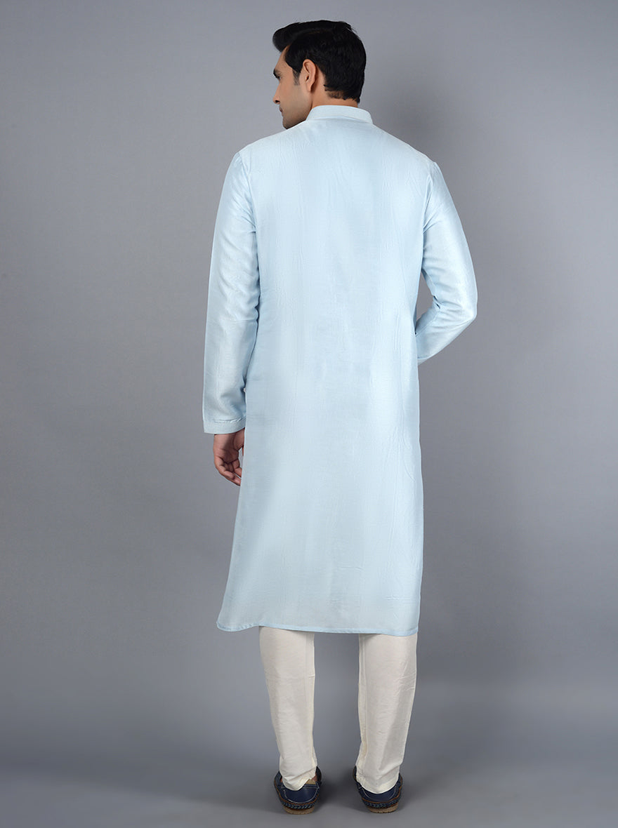 Timeless sky blue kurta set featuring comfortable silk fabric, perfect for traditional events and gatherings in the USA.