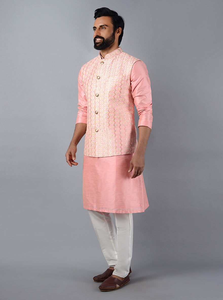 Premium silk blend blush pink Bandhgala designed for sangeet performances and traditional events.