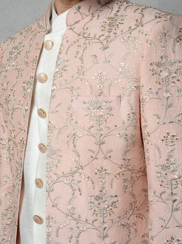 Peach Indo Western outfit with gold embroidery, sequins, and mandarin collar for weddings.