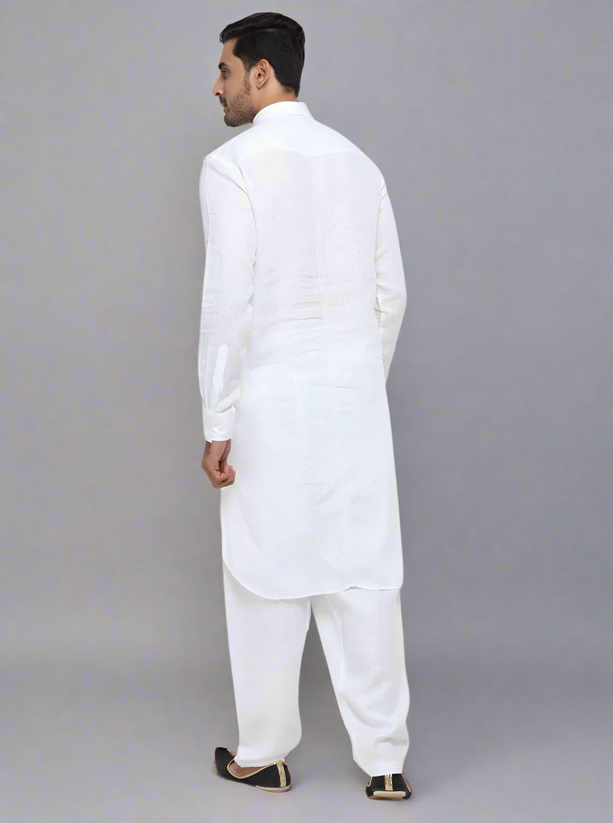 Fashionable white pathani set, perfect for casual and festive occasions.