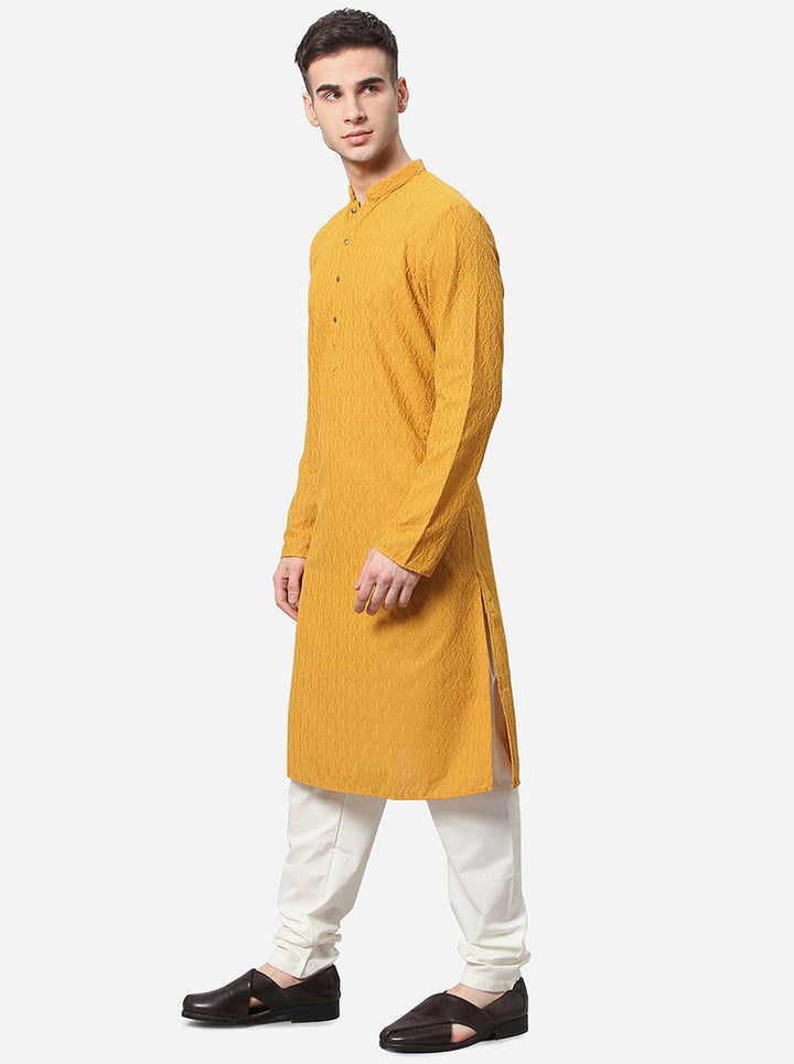 USA men’s yellow self-embroidered kurta, ideal for events.