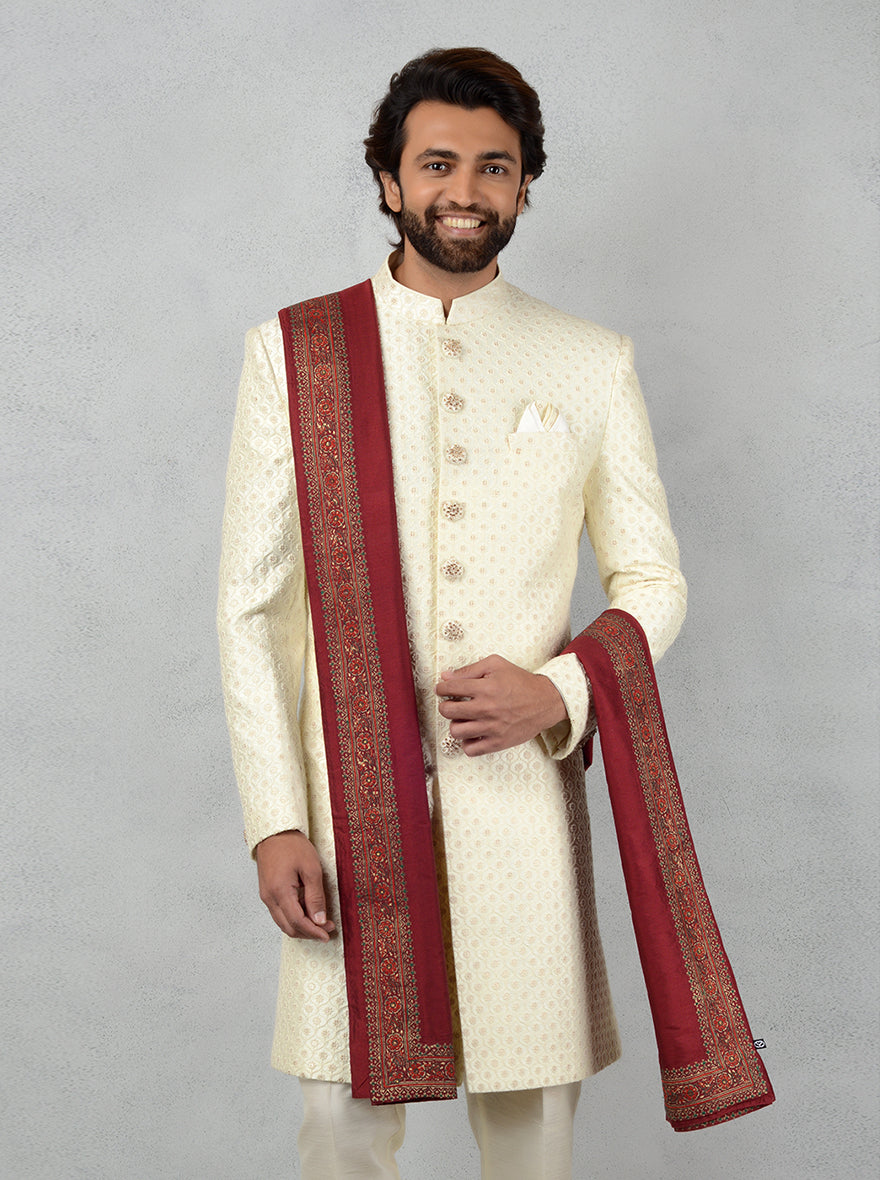 Cream Indowestern with mid-length jacket for weddings