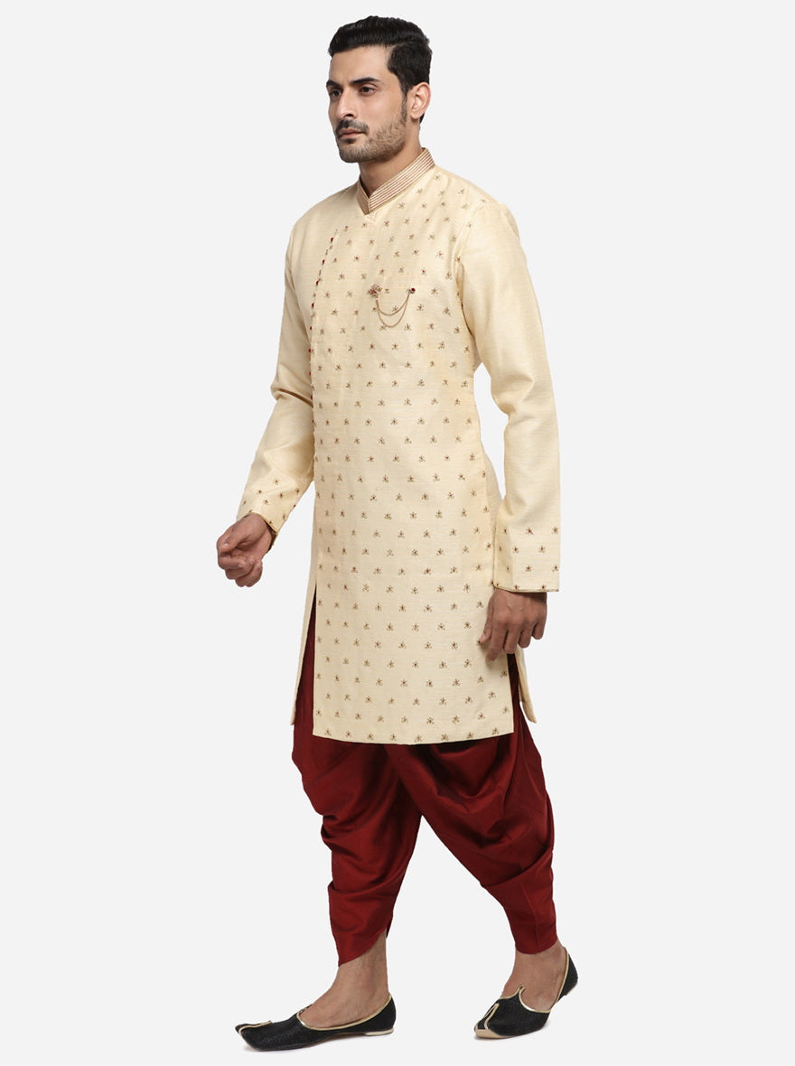 The Embroidered Beige Silk Blend is a timeless addition to your ethnic wear collection, perfect for impressing at gatherings in the USA.