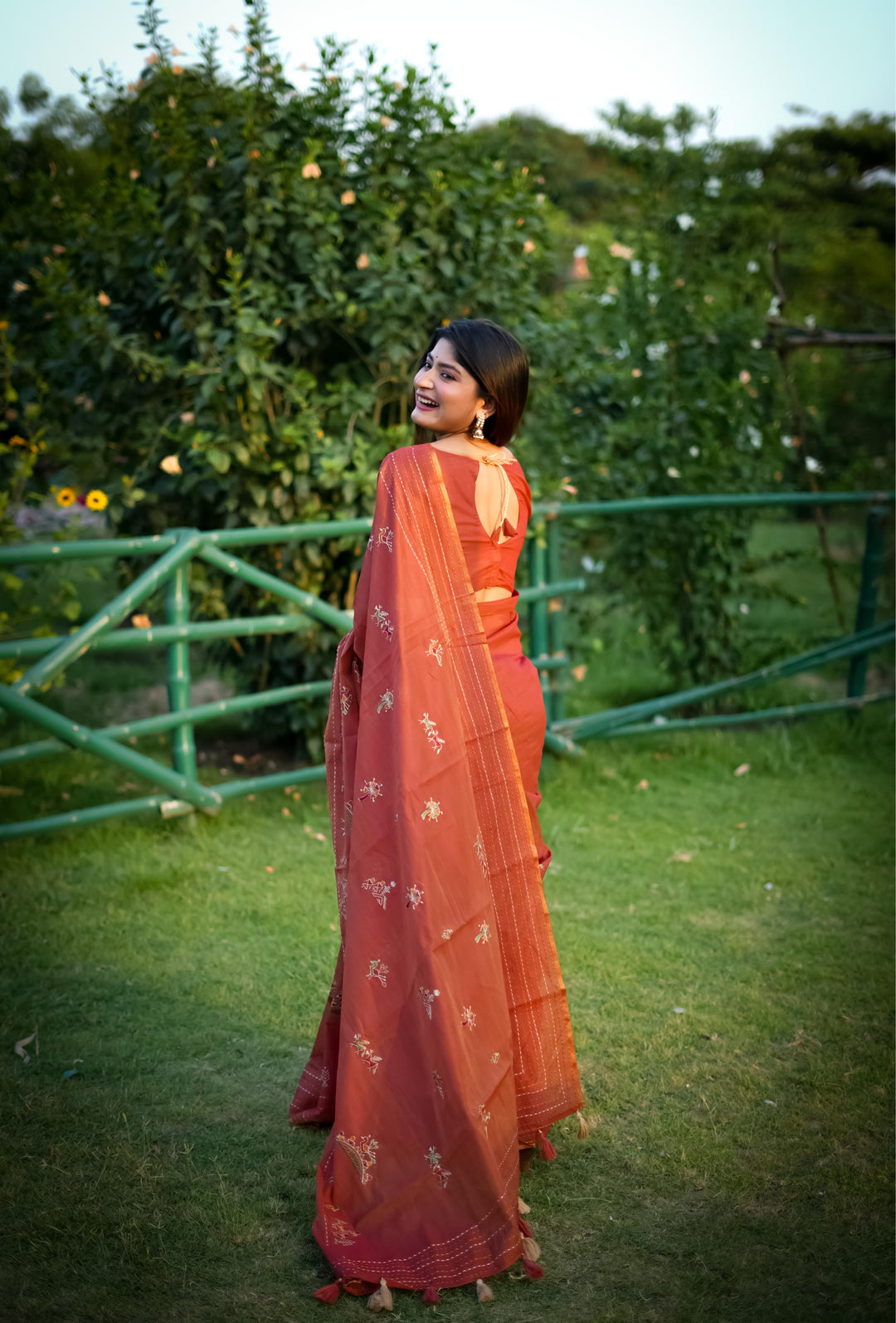 Indian ethnic saree in Khadi Tussar Silk with luxurious Kantha stitch border, perfect for USA weddings and events