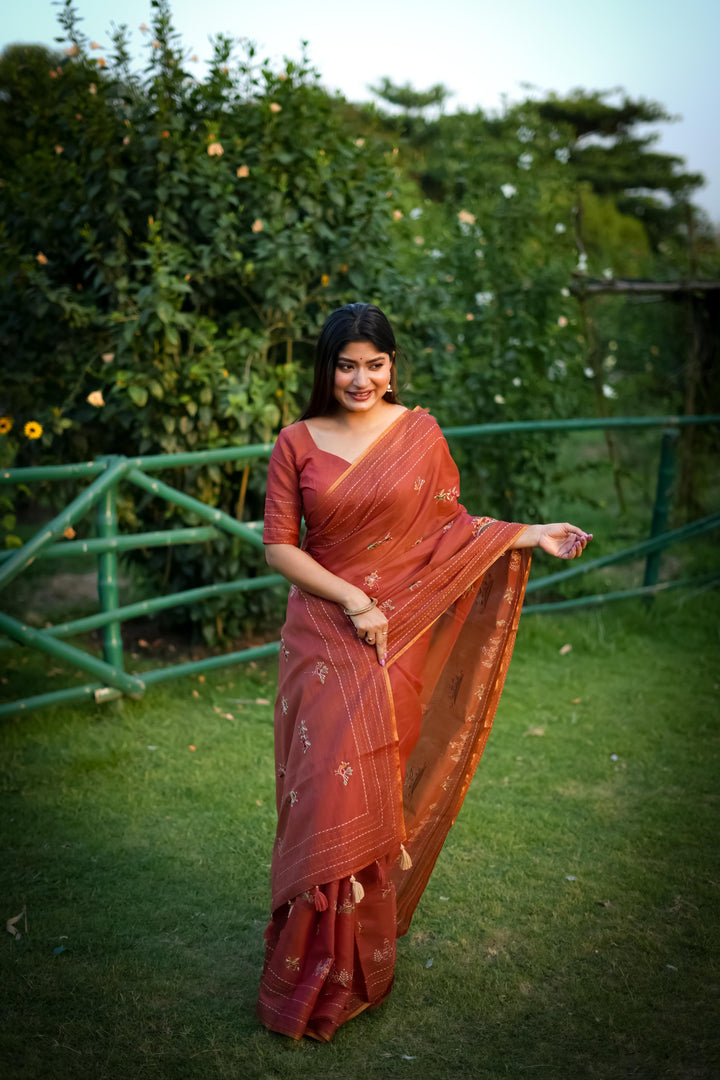 Premium handcrafted Khadi Tussar Silk saree with Kantha stitch, an ideal festival saree with matching blouse piece