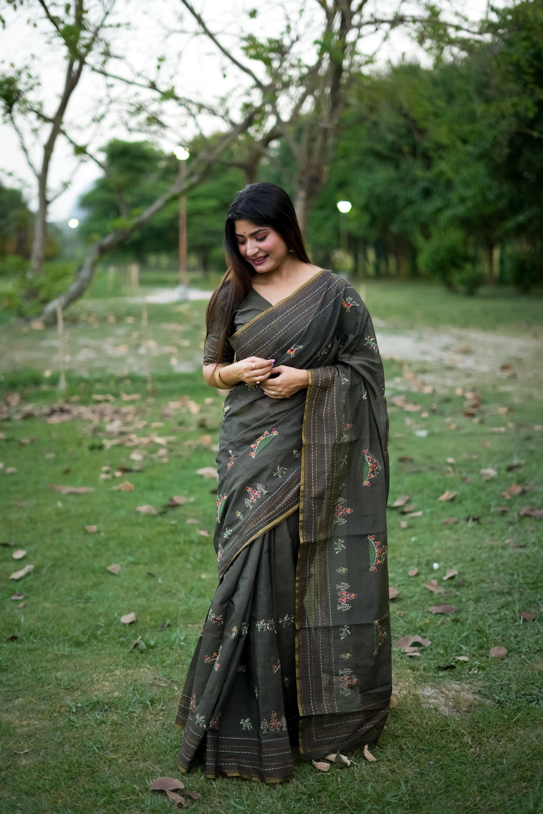 Luxury Khadi Tussar Silk saree with all-over thread work and Kantha border, perfect for wedding and festival wear