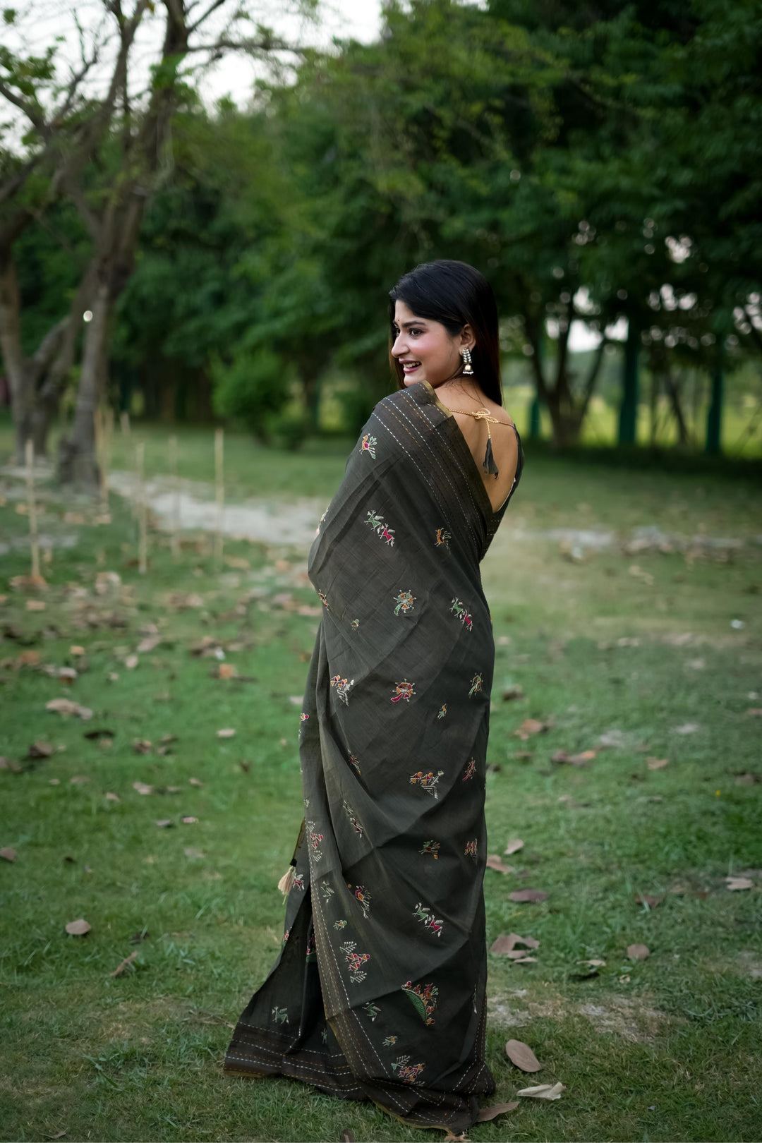 Multicolor Kantha stitch Tussar Silk saree with tassels, designed for women who love Indian ethnic fashion