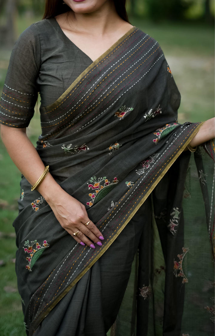 Elegant Khadi Silk saree with traditional Indian Kantha stitch, perfect for party wear and festive events