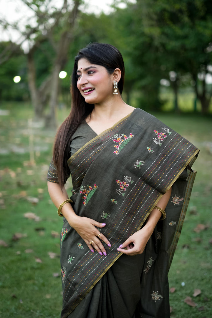 Indian Tussar Silk saree for women with intricate Kantha embroidery and colorful tassels, USA ethnic fashion