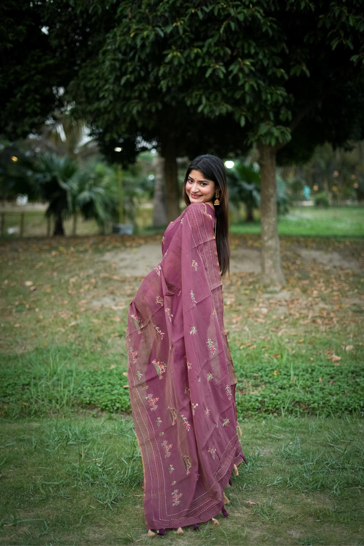 Khadi Tussar Silk saree with classic Kantha stitch border, premium saree for weddings, festivals, and celebrations