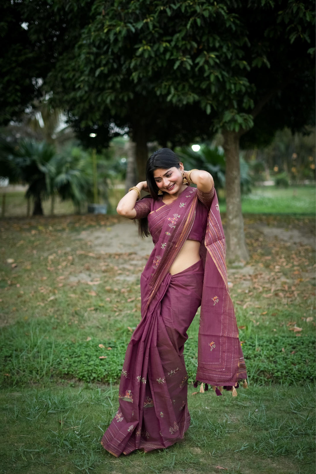 Traditional Tussar Silk saree in Khadi fabric, multicolor Kantha border, lightweight ethnic wear for special occasions