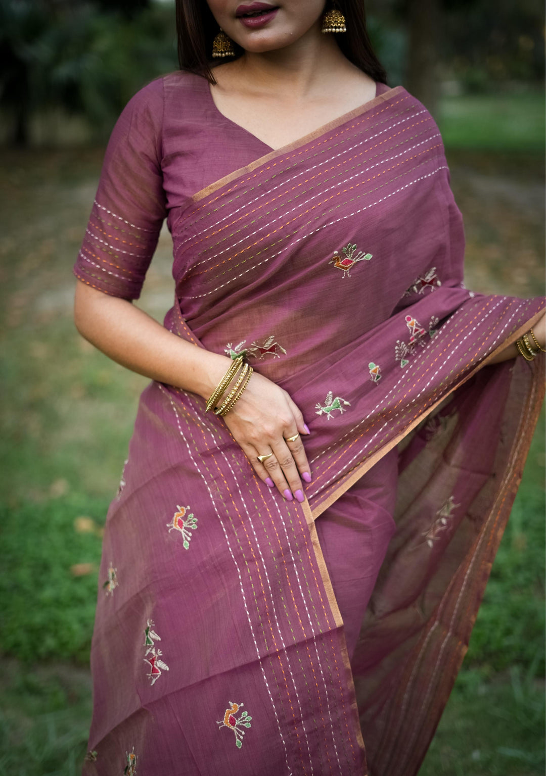 Stylish Indian saree in Khadi Tussar Silk with fancy tassels and Kantha stitch, USA ethnic fashion for women