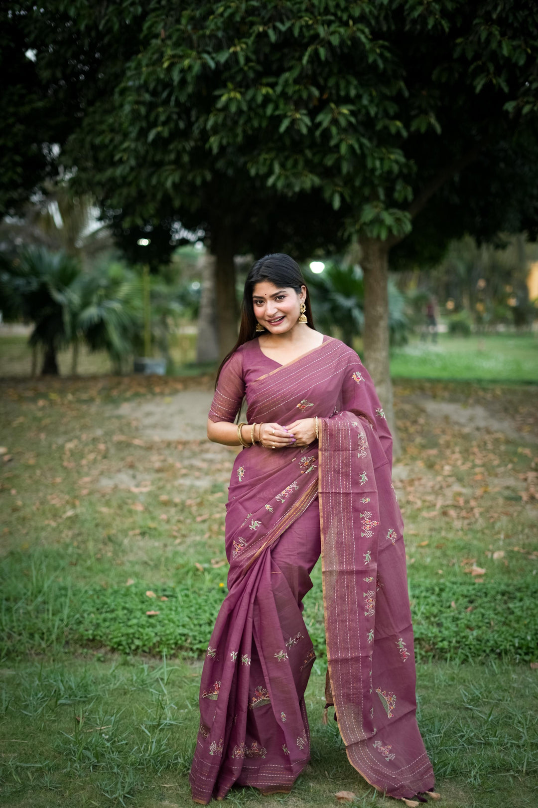 Handcrafted Tussar Silk saree with colorful Kantha embroidery, traditional Indian ethnic wear with blouse piece