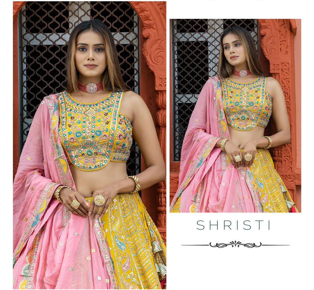 This vibrant yellow lehenga set showcases beautiful embroidery, making it an eye-catching choice for any festive occasion