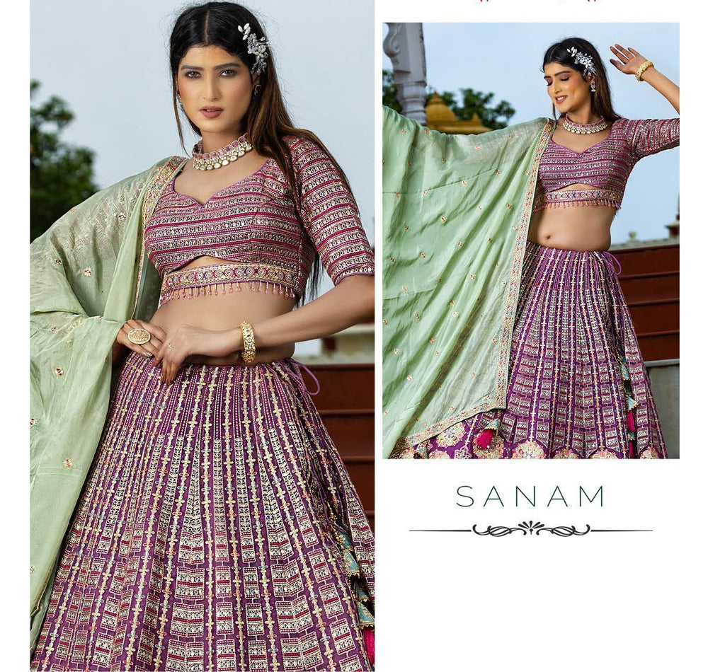 Chic silk purple lehenga choli designed for brides, offering a stunning and sophisticated look for your big day.