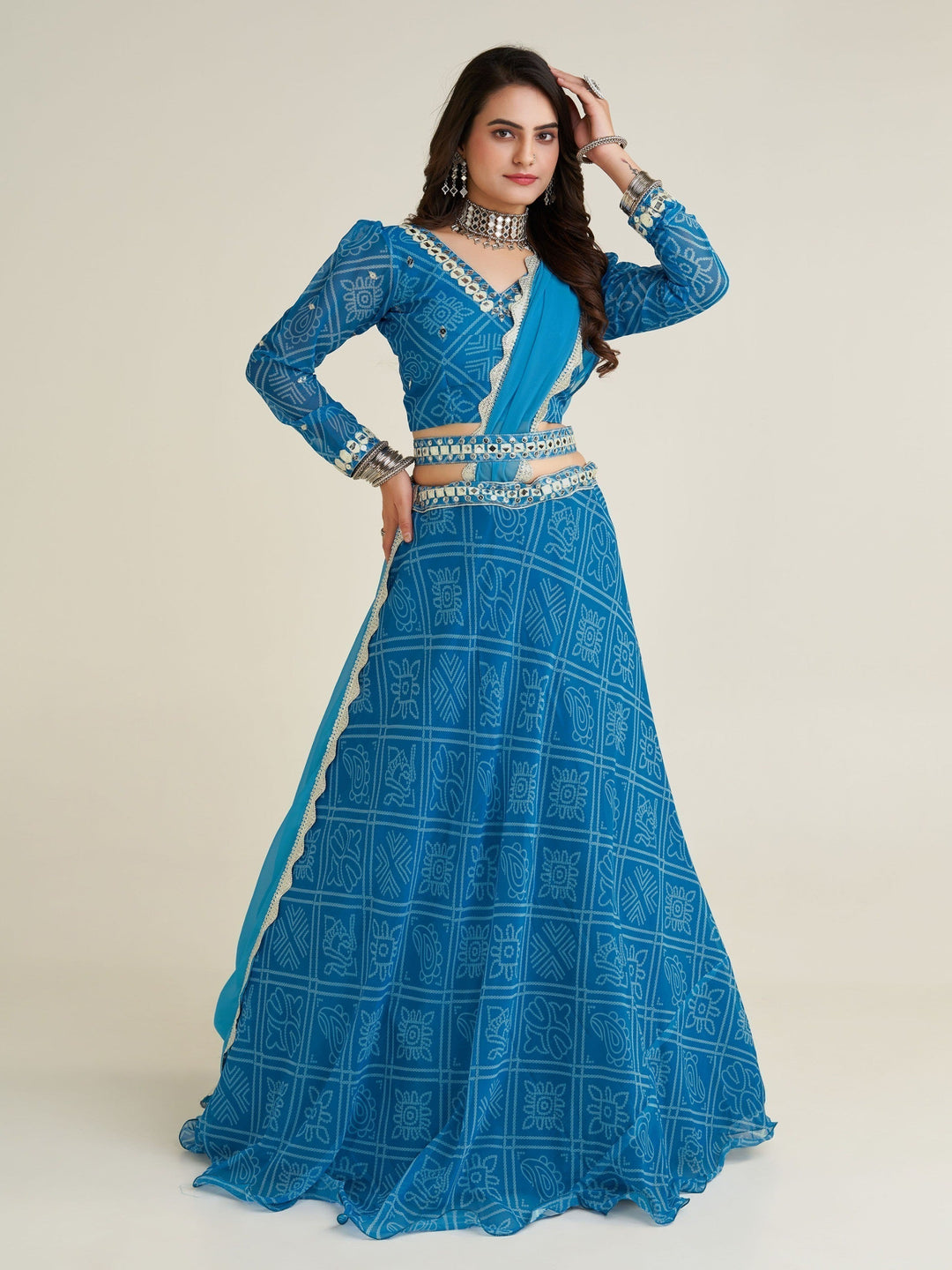 Versatile Sky-Blue Lehenga Choli | Lightweight Georgette with Mirror Work