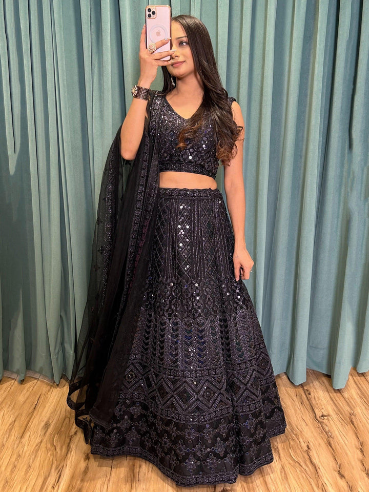 Fabulous Black Sequins Lehenga | Net Designer Lehenga with Dupatta