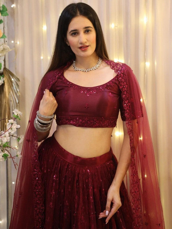 Bridal Lehenga for Reception | Wine Net Lehenga Choli with Embroidery