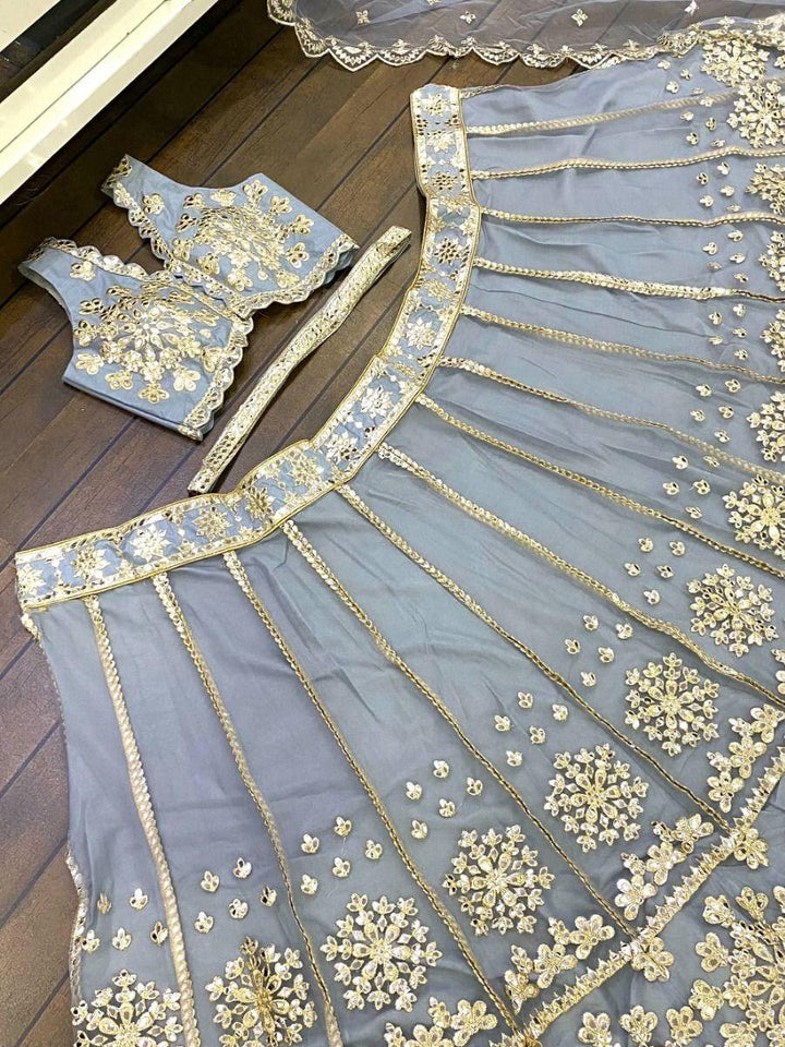 Grey Embroidered Net Wedding Lehenga Choli | Elegant Bridal Wear