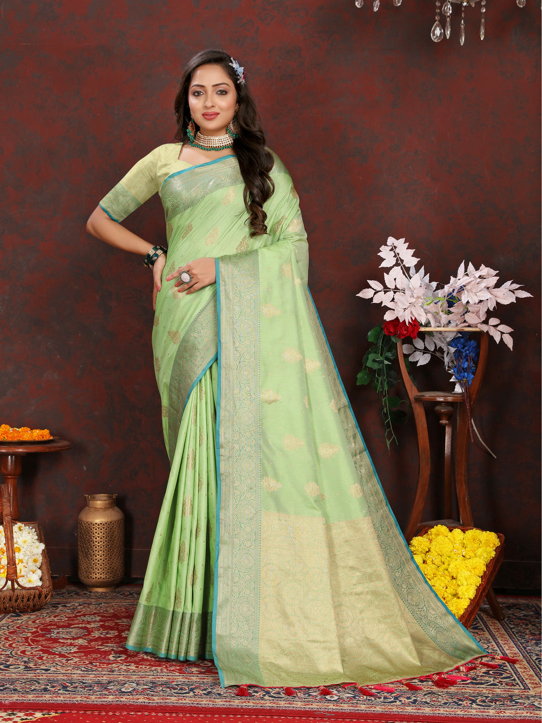 Beautiful pista green soft Katan silk saree with intricate zari detailing on the pallu, ideal for festive occasions.