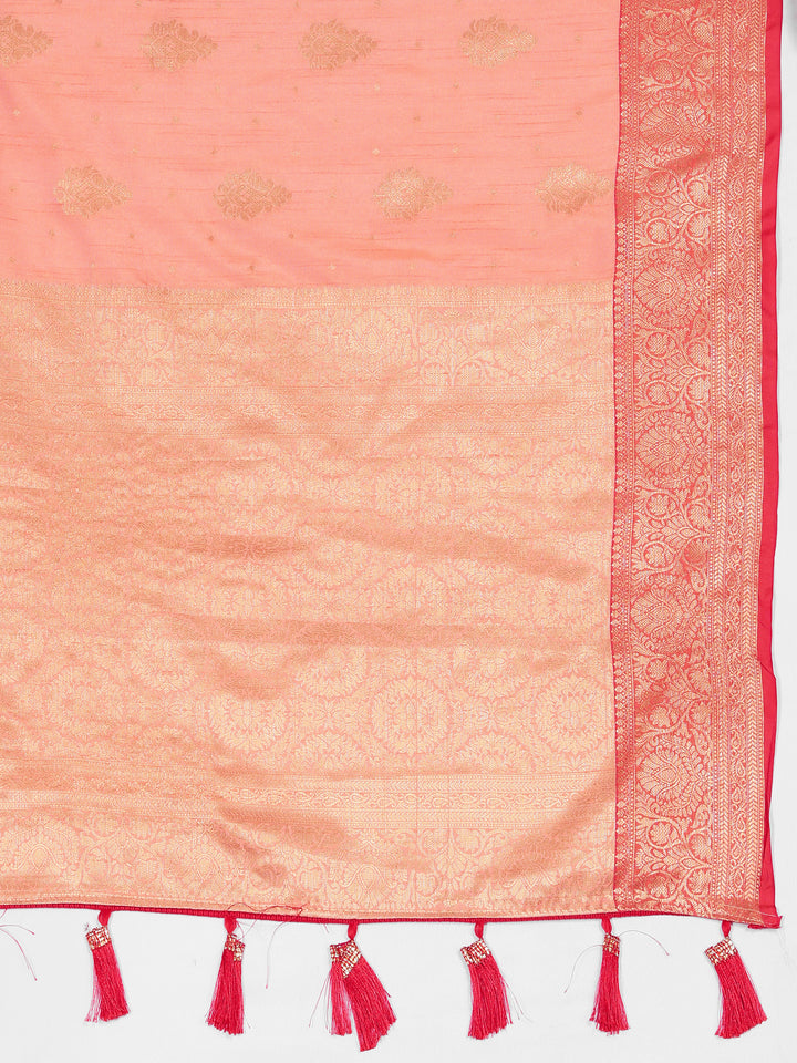 Classic peach soft Katan silk saree featuring intricate zari detailing on the pallu, perfect for cultural events.