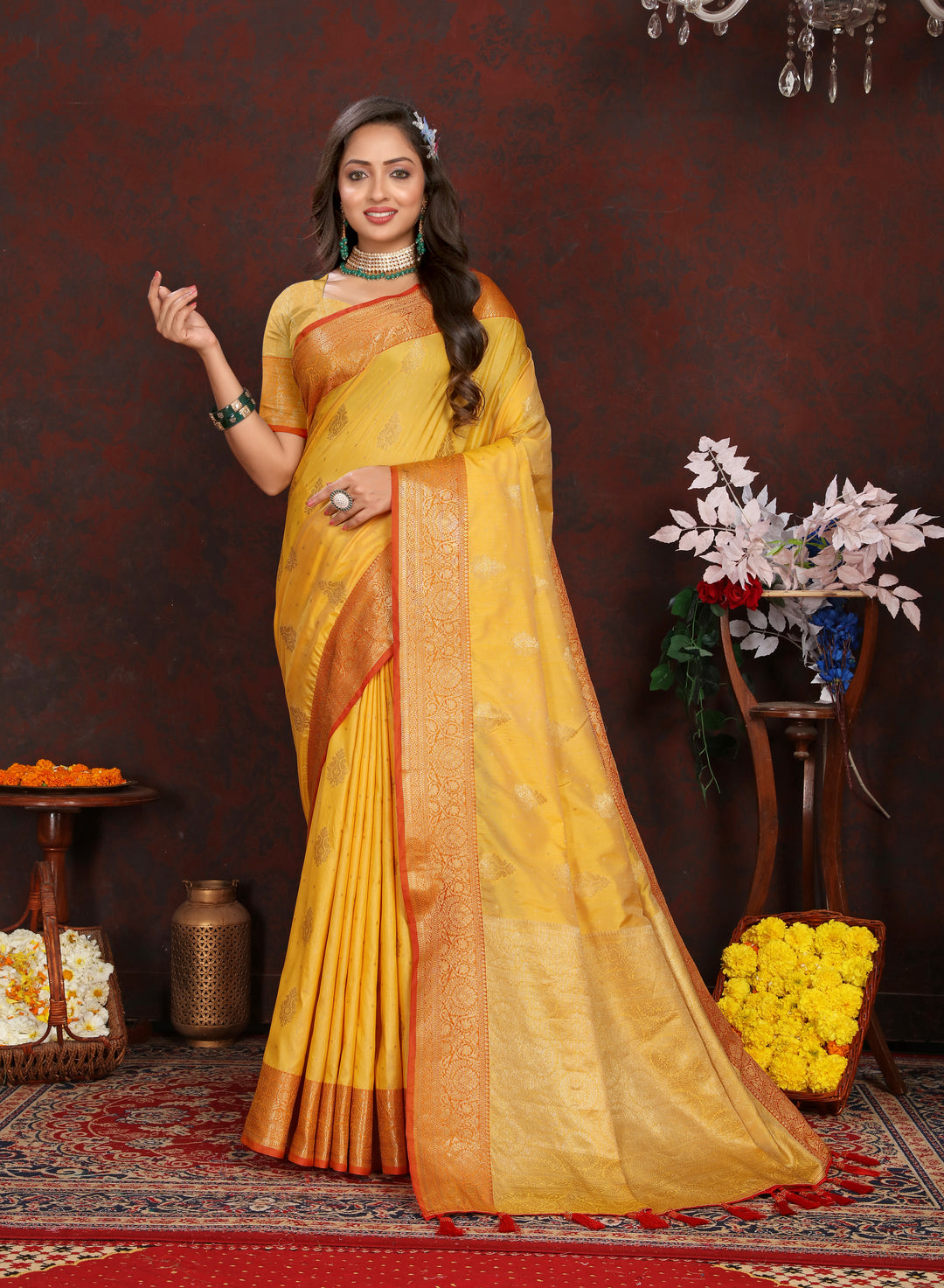 Beautiful yellow soft Katan silk saree featuring intricate zari work on the pallu, ideal for festive occasions.