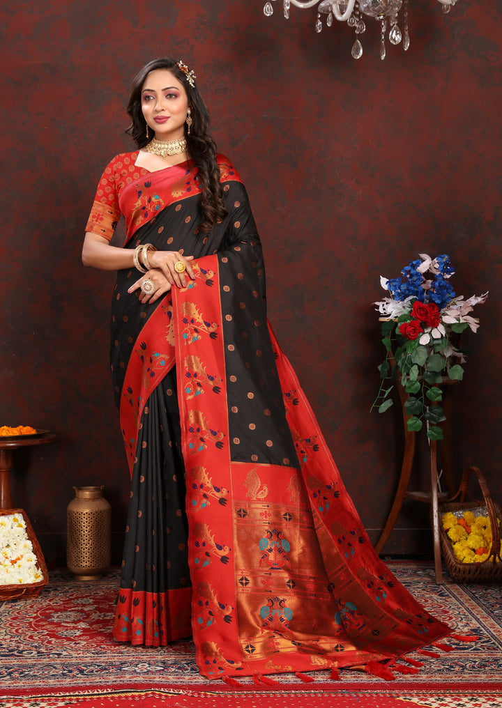 Elegant black Paithani Saree with contrast zari border, perfect for wedding events in the USA.