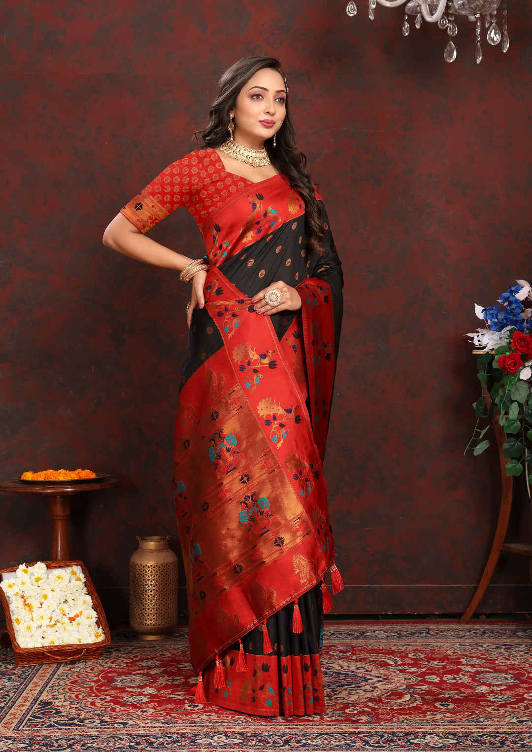 Black Paithani Saree with intricate zari border, ideal for USA weddings.