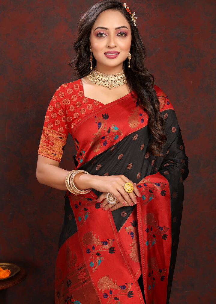 Stunning black Paithani Saree with zari border, perfect for bridal wear in the USA.