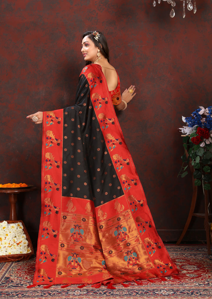 Traditional black Paithani Saree with contrast zari border, ideal for wedding celebrations in the USA.