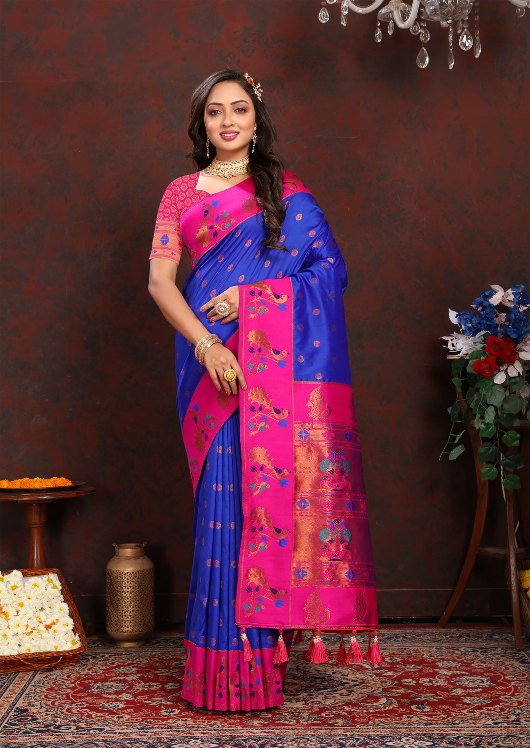 Elegant wine Paithani Saree with contrast zari work, perfect for bridal events in the USA.