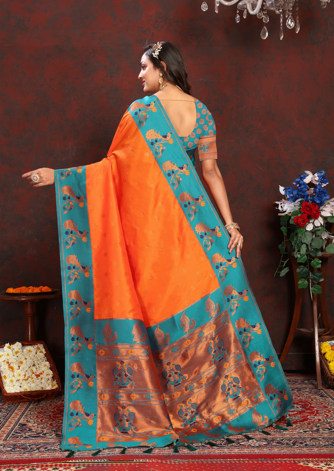 Elegant wine Paithani Saree with zari border, ideal for wedding wear in the USA.